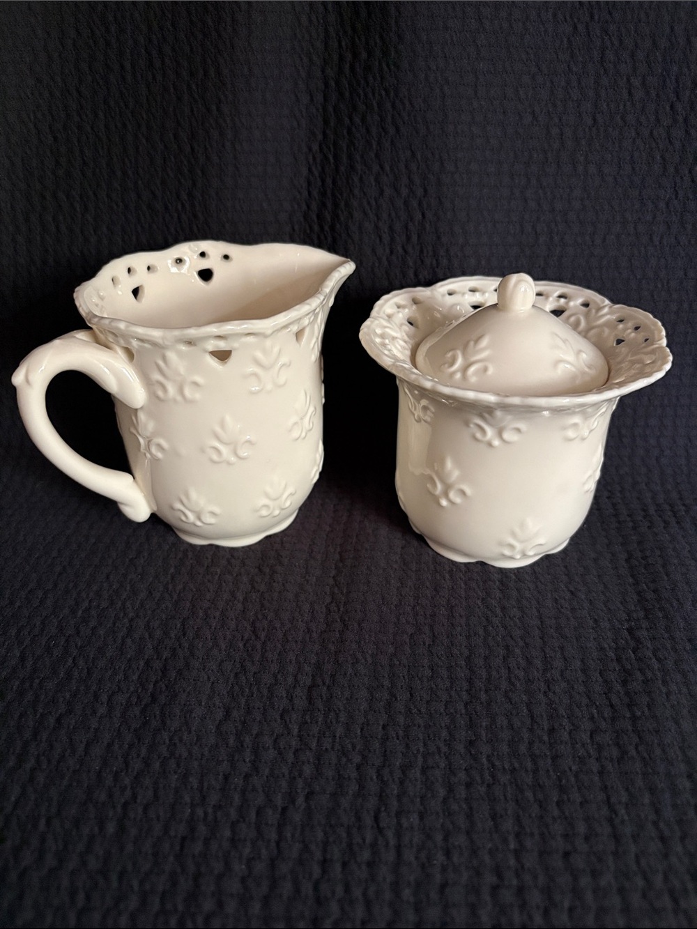 Skye McGhie Cream Lace Embossed Ceramic Creamer and Sugar Set